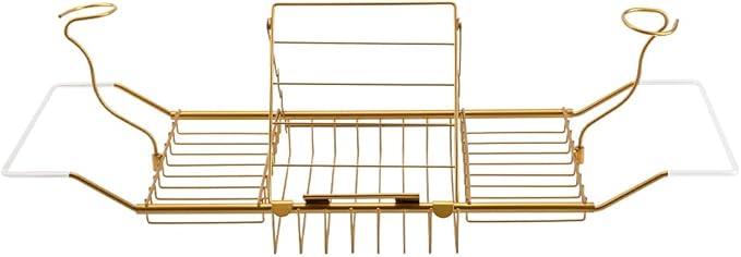 BDL Bathtub Caddy Expandable Bath Tub Tray Table with Wine Holder, Free Soap Dish and Laptop Reading Rack, Bathtub Tray for Home（Bronze）