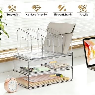 Acrylic Desk Organizer with Drawer, Office Supplies,Organization Storage, 2 PC Drawer Organizer with 4 File Sorter, Desk Organizers and Accessories, Clear Acrylic File Organizer