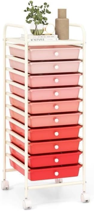OFFICEJOY Storage Cart, Rolling Utility Cart with 10 Drawers, Portable Handles & Lockable Wheels, Mobile Paper Toys Storage Organizer Large Capacity for Home Office School Teacher (Gradient Pink)