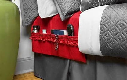McNair D.B.B. Bedside Storage Organizer/Caddy extends from the left side of the bed to the right side. It provides easy access to remote controls, eye glasses, books, cell phones, water bottles, etc.