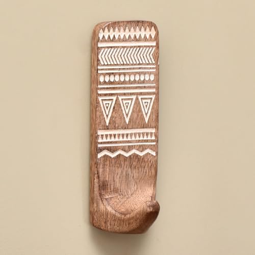 Indian Shelf Boho Decorative Wood Adhesive Wall Hooks for Hanging Coats, Keys, Leash, Hat, Towel Holder, Cute Sticky Key Holder, White Brown Western Wall Décor (6 Hooks 12 Strip)