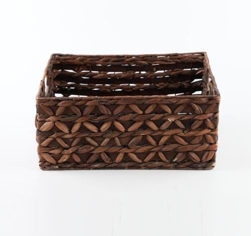Rectangular Wicker Storage Basket with Iron Structure & Wood Accents, 15.75×11.42×7.09 Inches, Perfect for Home Organization
