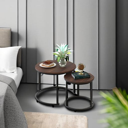 aboxoo Coffee Table Nesting Side Round Set of 2 End Table Top Sturdy Metal Frame Desk Centerpiece Living Room Bedroom Apartment Modern Industrial Simple Nightstand