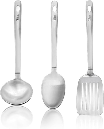 Our Table 3 Pieces Cook & Serve Stainless-Steel Utensils Set,Kitchen Soup Ladle,Cooking Spoon,Slotted Turner Spatula for Serving Your Favorite Meals