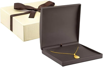Luxury Dome-Shape Leather Necklace Box - Leather Interior Chain & Necklace Jewelry Gift Box for Men & Women - Necklace Case with Cream Ribbed Fancy Outer Box & Matching Bow Ribbon