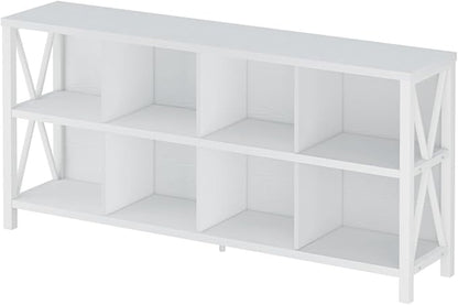 FATORRI 8 Cube Storage Organizer Bookshelf, 62 Inch Rustic Wood Horizontal Bookcase, Industrial Cube Long Book Shelf for Living Room (White Oak)