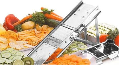 Bron Coucke – Professional Stainless Steel Mandoline with Protective Carriage – 2 Integrated Cutting Blade Units (3 mm & 10 mm) – Smooth & Corrugated Blades – Adjustable – Multi-Function