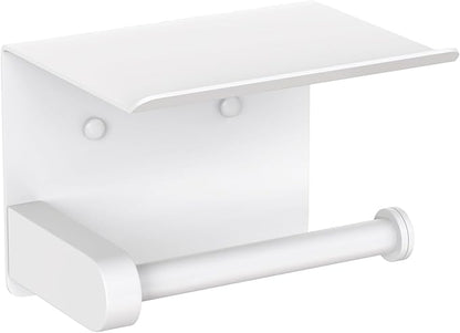 VAEHOLD Self Adhesive Toilet Paper Holder with Phone Shelf Stainless Steel Wall Mounted Toilet Paper Roll Holder - Bathroom Washroom Tissue Roll Holder with Storage Shelf - White