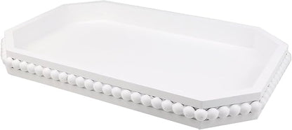 Hrastany White Wood Serving Tray with Beads, Farmhouse Decorative Tray for Table Centerpiece, Christmas Wedding Halloween Home Decor