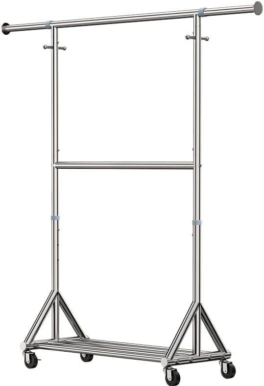 100% Stainless Steel Heavy Duty Rolling Clothes Rack with Double Rods for Hanging Clothes, Adjustable & Extendable Metal Clothing Rack, Garment Rack With Wheels Shelf, Sturdy Freestanding Closet Rack
