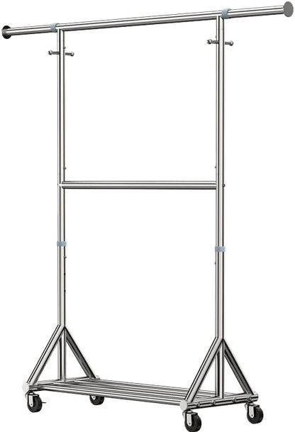 100% Stainless Steel Heavy Duty Rolling Clothes Rack with Double Rods for Hanging Clothes, Adjustable & Extendable Metal Clothing Rack, Garment Rack With Wheels Shelf, Sturdy Freestanding Closet Rack