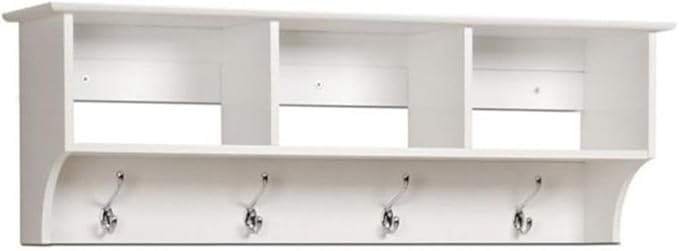 Prepac 48" Contemporary Wall Mounted Coat Rack, Coat Hooks Wall Mount with 3 Shelves, Ideal for Hallway or Entryway Hanging Solution, 11.5"D x 48"W x 14.25"H, White