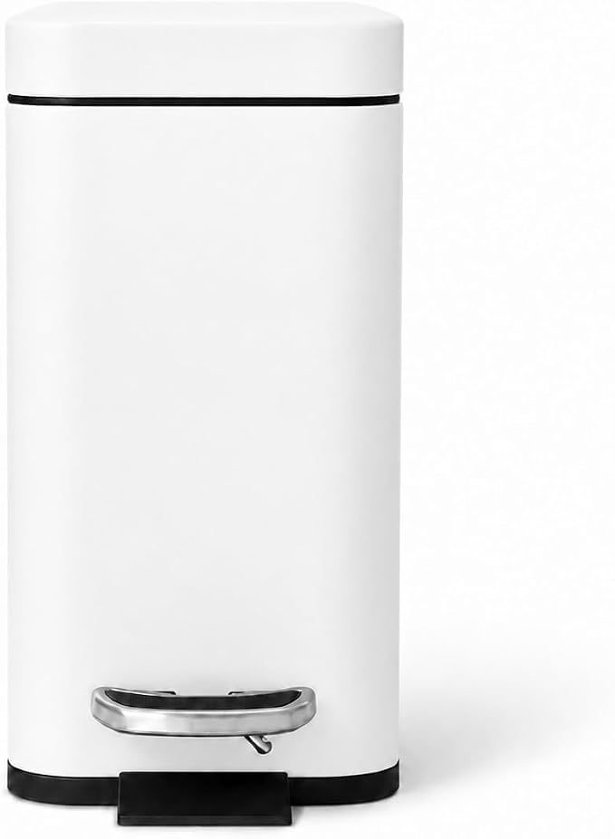 Home Zone Living 1.3 Gallon Small Bathroom Trash Can with Lid and Step Pedal, Stainless Steel Wastebasket with Slim Design for Home and Office, Matte White, 5 Liters