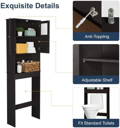 VINGLI Over The Toilet Storage Cabinet White Bathroom Storage Organizer Above The Toilet Shelf with Acrylic Glass Double Doors Wood Muebles para BañO Rack with Adjustable Shelf Espresso