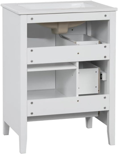 Merax 24 inch Bathroom Vanity with Drawers, Modern White Vanity for Small Bathroom with Adjustable Shelf & Removable Dividers, Easy to Clean Glossy Finish, White