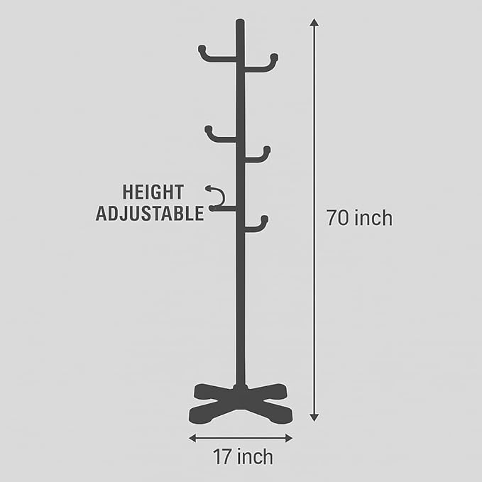 PRINCE HANGER Modern Freestanding Coat Rack for Small Entryways — 6 Rotating Hooks, Height Adjustable, Space-Saving Single Pole Design (Black/PHUS-3002)