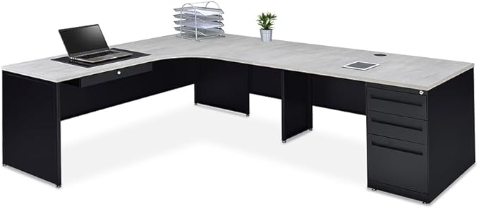 NBF L-Shaped Executive Office Desk - Durable Laminate Computer Desk with Three Drawers - Modern Desk with Storage and File Cabinet (72" Wx 96" D, Gray, Maple)