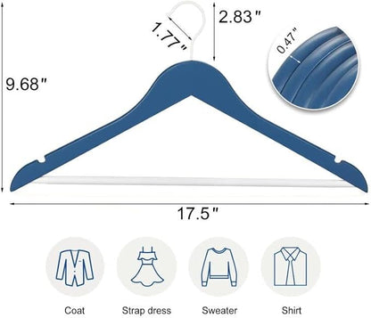TOPIA HANGER Premium Wooden Hangers with Non-Slip Pant Bar, 360°Swivel Hook and Shoulder Notches, 16 Pack Solid Wood Clothes Hangers for Suit, Coat, Jacket, Camisole(Blue/White)-CT35BW1