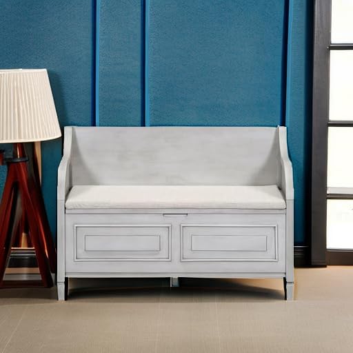 Bellemave Storage Bench with Safety Hinge Wooden Entryway Benches with Shoe Cabinets Under Seat Multifunctional Storage Bench for Entryway, Foyer or a Mudroom (Grey Wash + Beige)