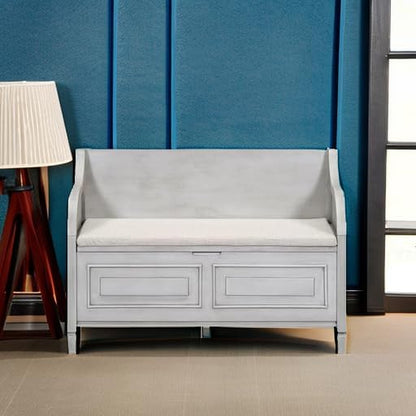 Bellemave Storage Bench with Safety Hinge Wooden Entryway Benches with Shoe Cabinets Under Seat Multifunctional Storage Bench for Entryway, Foyer or a Mudroom (Grey Wash + Beige)