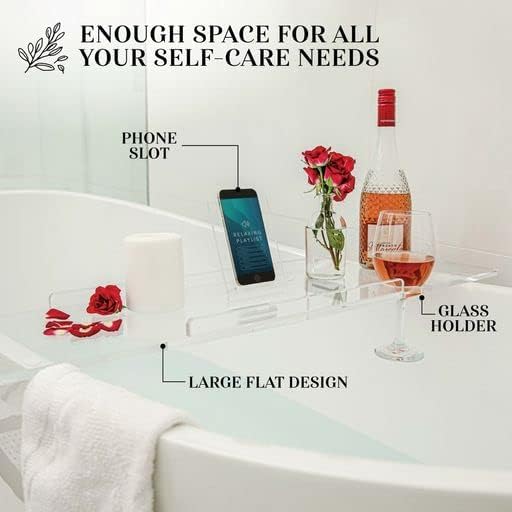 38" Supreme - Clear Acrylic Bathtub Tray Caddy Tub Shelf, Spa Board Luxury Bathroom Bath tub Table, Fits Across Bathtubs, Book, iPad and Wine Glass Holder (Supreme, 38")