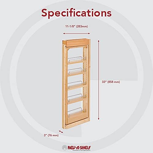 Rev-A-Shelf 3" W x 33" H Pull Out Quad Shelf Organizer for Wall & Base Kitchen Cabinets, Full Extension Filler Spice Rack, Adjustable, Wood, 432-WF33-3C