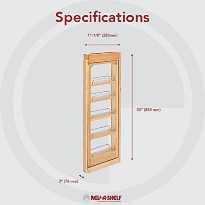 Rev-A-Shelf 3" W x 33" H Pull Out Quad Shelf Organizer for Wall & Base Kitchen Cabinets, Full Extension Filler Spice Rack, Adjustable, Wood, 432-WF33-3C