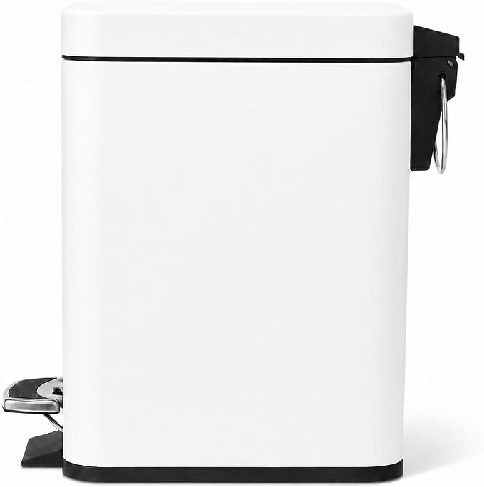 Home Zone Living 1.3 Gallon Small Bathroom Trash Can with Lid and Step Pedal, Stainless Steel Wastebasket with Slim Design for Home and Office, Matte White, 5 Liters