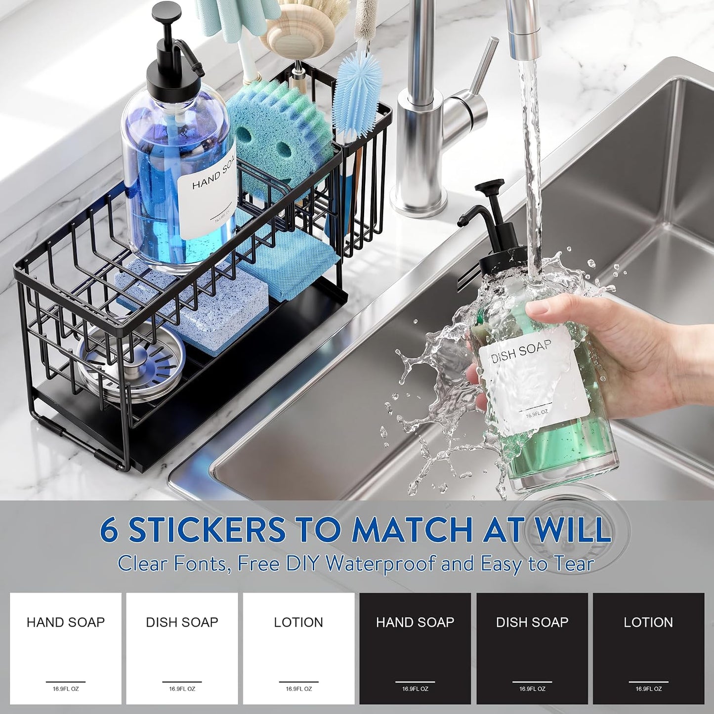 Kitchen Soap Dispenser Set with 2 Tier Sink Caddy with 17oz Glass Bottle | Large Capacity, Automatically Drains Water and Includes a Brush Holder for Storing Long Brushes