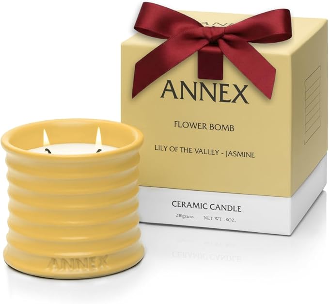 Annex Lily of The Valley & Jasmine Luxury Scented Candle - Handmade Ceramic Jar - 50hr Clean Burn, Non-Toxic Soy Wax - Aesthetic Home Decor Winter Gift for Women & Men - White Floral
