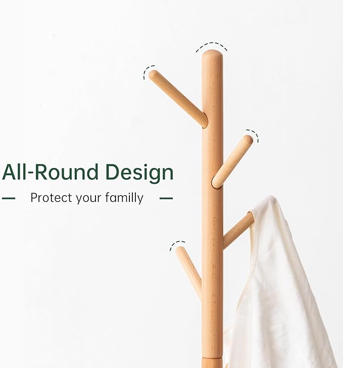 Solid Wood Coat Rack, Freestanding Coat Rack for Entryway, Hallway, Home Office, Living Room, Bedroom, 15" x 15" x 67.3", Beech Wood, Natural