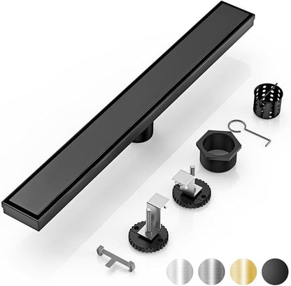 DLONE Linear Shower Drain | 24" AISI 304 Stainless Steel Shower Drain, Matte Black Linear Drain with Tile Insert Panel & Adjustable Feet, Long Rectangle Shower Floor Drain in Bathroom, Balcony, etc