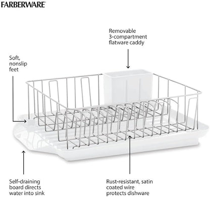 Farberware Classic Large Rust Resistant Full Dishrack with Removable 3 Compartment Flatware Caddy, Andlged Drain Board, 3-Piece, White