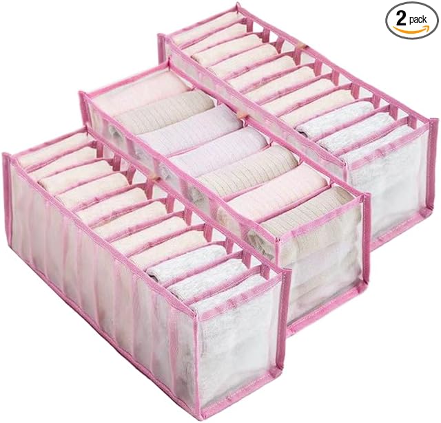 3 Pack Drawer Organizer for Underwears, Sock,Tie Foldable Closet Organizer Drawer Soft Fabric Dresser Drawer Divider Bins for Underwear Socks Ties (Pink, 3PCS Underware+Socks)