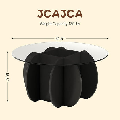 Coffee Table for Living Room Mid Century Modern Round Center Table with Glass Top, Black