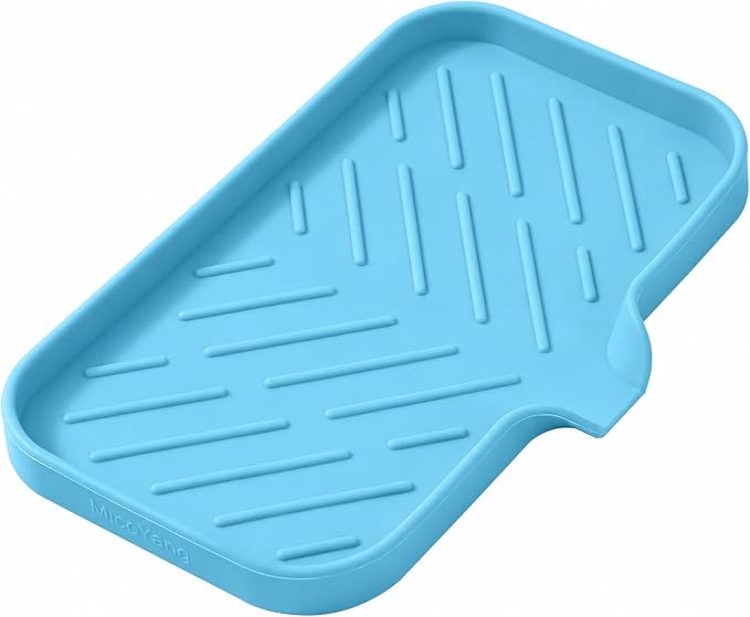 MicoYang Silicone Soap Dish with Drain Spout — Self-Draining Sink Organizer Tray for Bathroom & Kitchen, Sponges, Dispensers & Soap Holder, Non-Slip & Dishwasher Safe, Light Blue (Medium, 9.6"×5.3")