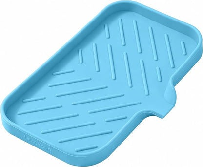 MicoYang Silicone Soap Dish with Drain Spout — Self-Draining Sink Organizer Tray for Bathroom & Kitchen, Sponges, Dispensers & Soap Holder, Non-Slip & Dishwasher Safe, Light Blue (Medium, 9.6"×5.3")