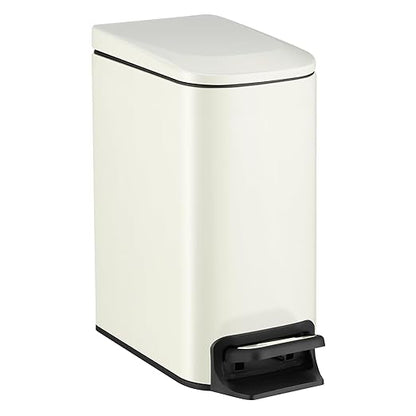 TIPGO Slim Bathroom Trash Can with Lid Soft Close, 6 Liter / 1.6 Gallon Stainless Steel Garbage with Removable Inner Bucket, Small Trash Bins for Bedroom, Office (Cream)