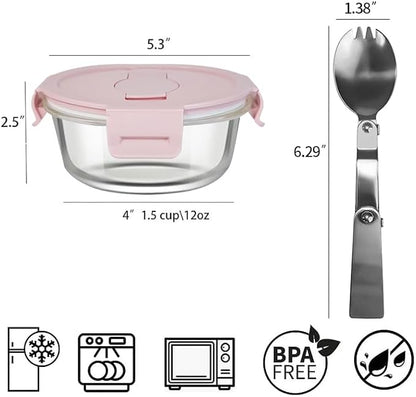 1.5 Cup Round Glass Food Containers with Lids and Folding spoon, Round Small Food Containers with lids, 12OZ Glass Lunch Bowls for Office Meals, Microwave, Freezer, Dishwasher Safe (4 Pack)