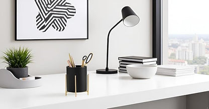 Sturdy Pen Holder Simple and elegant for Desk Matte Pencil Holder Ceramic Cute Desktop Organizer Brush Holder Cup (Black and Gold Plated)