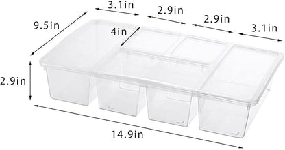 MANO 2 Pack Divided Veggie Tray with Lid - 5 Compartment Clear Snack Containers for Fridge, Stackable Produce Saver Storage for Fruits, Vegetables, Meat & Fish