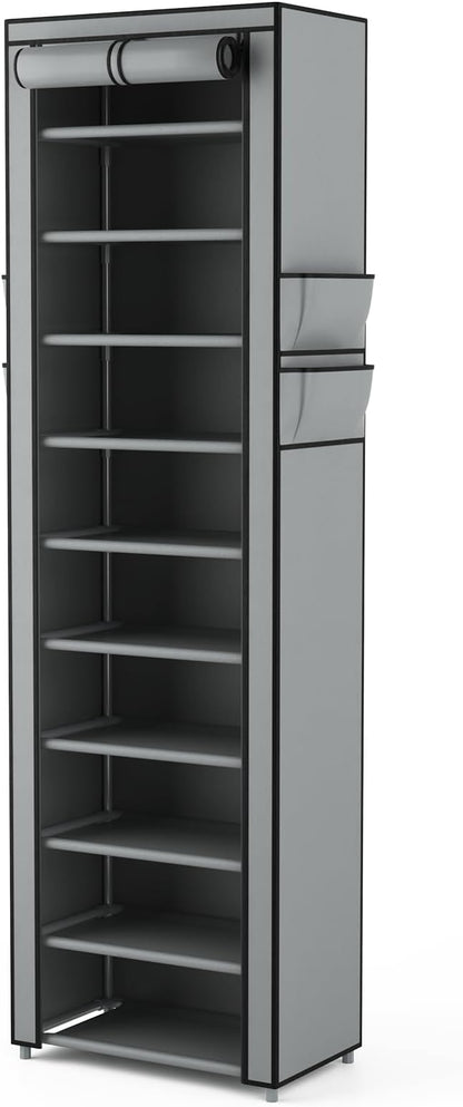 VTRIN Vertical Narrow Shoe Rack Organizer Tall Shoe Rack for Closet Entryway 10 Tier Non-Woven Cover Shoe Shelf Holds 20-22 Pairs Free Standing Shoe Storage Cabinet with Dustproof Cover, Grey