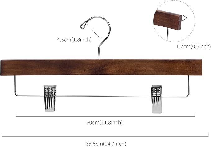Nature Smile Solid Lotus Wood Deluxe Wooden Pants Hangers Bottom Hanger Jeans Hanger Skirt Hanger with 2-Adjustable Clips Anti Rust Hook 20 Pack (Retro)