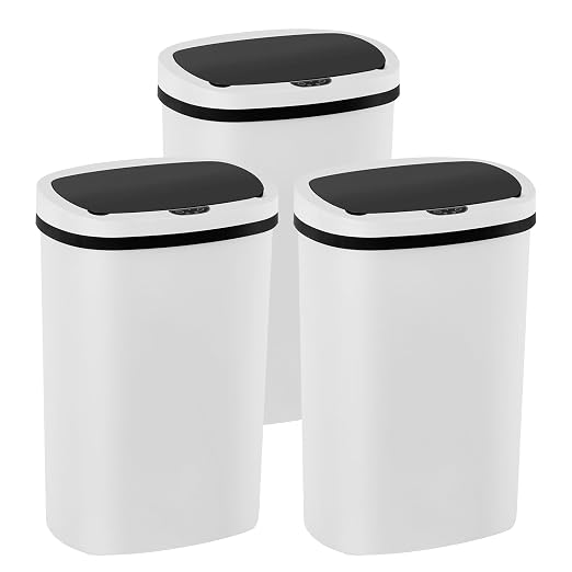 PayLessHere | 13 Gallon Plastic Trash Can | White | Automatic Touchless Lid with Motion Sensor | Kitchen Garbage Can with Waterproof Design | for Home, Office, Bathroom | Pack of 3
