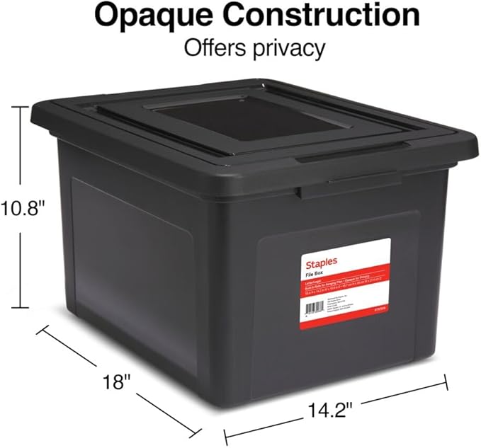 STAPLES File Box Plastic File Box Snap, Letter/Legal Size, Black, 4/Carton