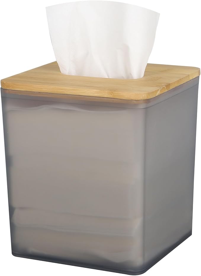 Tissue Box Cover Square,Tissue Box Holder with Bamboo Lid,Tissue Dryer Sheet Holder for Modern Farmhouse Boho Decor,1 Pack,(Black)