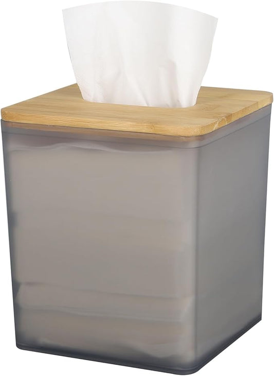 Tissue Box Cover Square,Tissue Box Holder with Bamboo Lid,Tissue Dryer Sheet Holder for Modern Farmhouse Boho Decor,1 Pack,(Black)