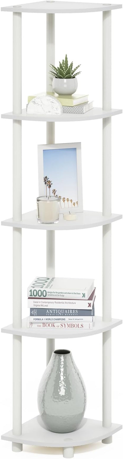Furinno Turn-N-Tube Corner Shelf, 5-Tier Corner Bookshelf, Open Storage Shelves, for Organization and Storage, Living Room, Home Office, Garage, Bedroom, White