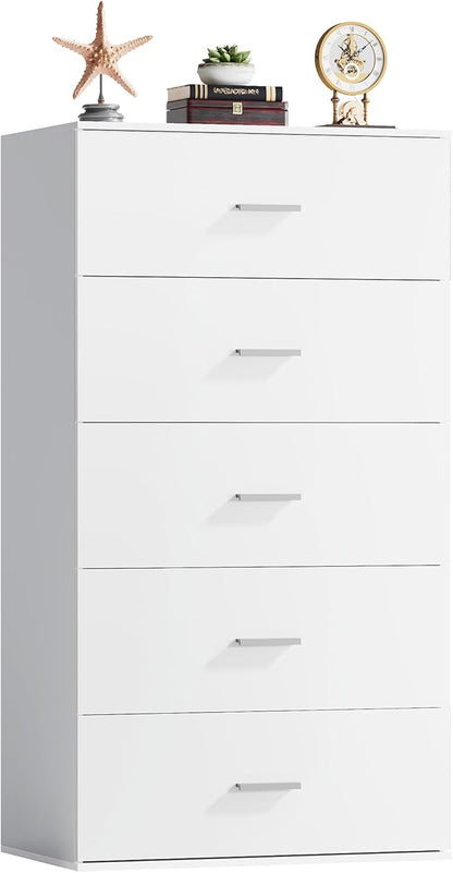 WLIVE Tall Dresser for Bedroom, Wood Chest of Drawers with Mental Handles, White Bedroom Dresser with 5 Drawers, Modern Minimalist Closet Store Organizer for Living Room, Hallway