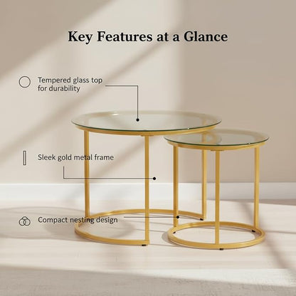 Round Nesting Coffee Table Set of 2, Modern Glass Nesting Tables, Stacking Minimalist End Table for Living Room Bedroom Small Space, Clear Tempered Glass and Gold